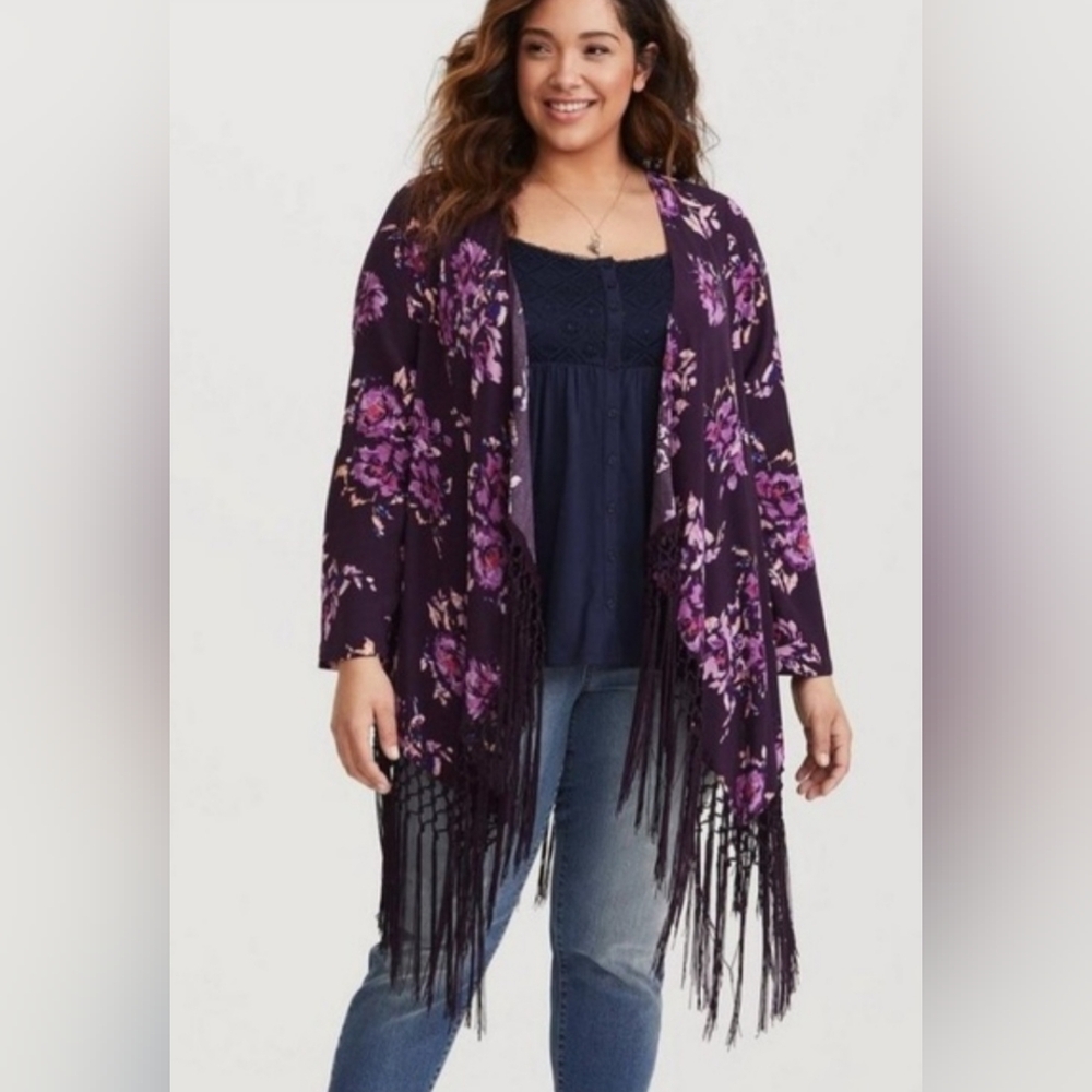 NWT Torrid Purple Floral Fringe Cardigan